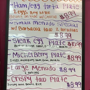 the menu for the restaurant