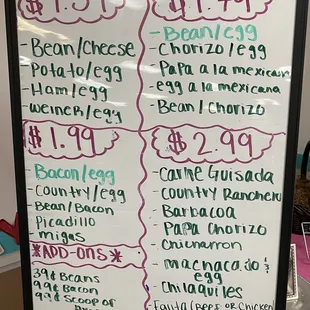 a menu for breakfast