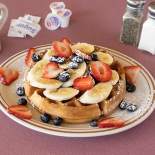 Waffle Topped with Strawberries, Blueberries, and Bananas!