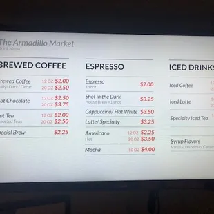 a menu for drinks