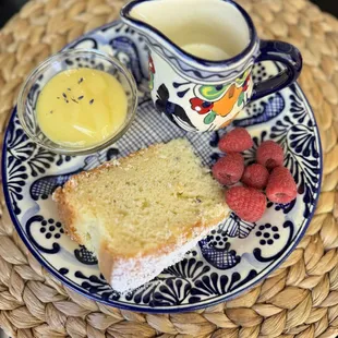 breakfast: lavender lemon cake with lemon curd and vanilla sauce