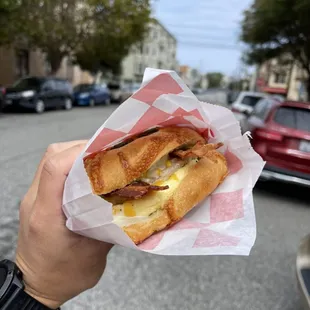 Bacon + sausage + cheese + egg + focaccia bread