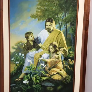 Gorgeous Oil Painting on canvas of Jesus and a boy and girl. Lily's of the Valley.
