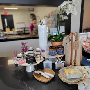 a counter with a variety of food items