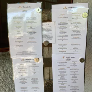 The Artesian Restaurant.  Menus.