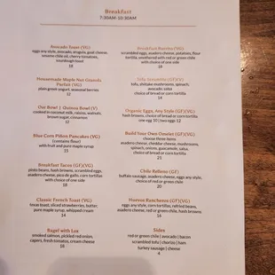 Breakfast menu