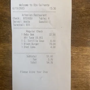 The Artesian Restaurant.  The bill.