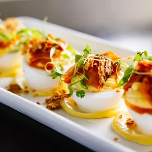 a plate of deviled eggs