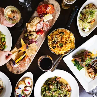 a table full of food and drinks