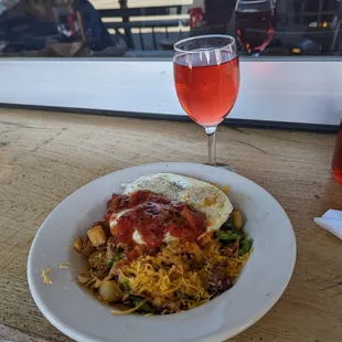 Fried egg hash and poinsettia.