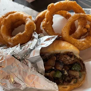 Cheesesteak and onion rings