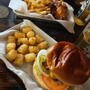 Buffalo Flavor wings w/fries &amp; Cheeseburger with tots. Corona and Draft Beer.