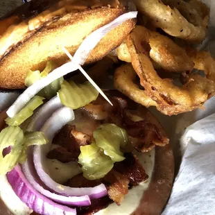 Deluxe bologna sandwich with onion rings