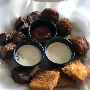 Combo of 3 appetizers:  steak bites, seafood bites, and cheese bites ($.99 more for steak and seafood bites)