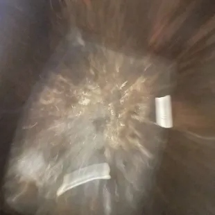 Bottom of trash can at check in with no trash bag, q-tip and cigarette