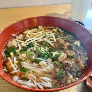 Close up of the Pho Sho with pork belly
