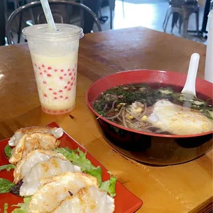 Mango slush + Strawberry boba, pork dumplings &amp; pho sho bowl with fried egg &amp; brisket