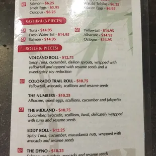 Top of Sushi menu