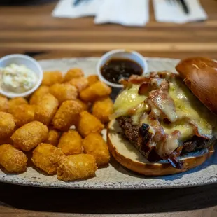 Bionic Burger with Pretzel Bun and Tater Tots