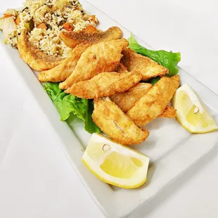 This is our hand breaded lake perch dinner with a side of our homemade rice.