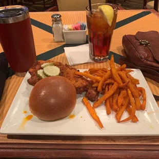 My delicious lunch - hot chicken sandwich and sweet potato fries
