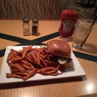 Tennessee hot chicken sandwich with sweet potato fries