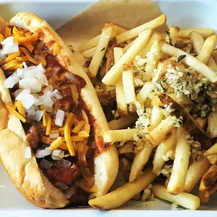 West Coast Coney Dog with garlic-rosemary fries.