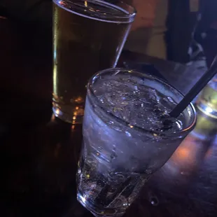 a glass of water and a glass of ice