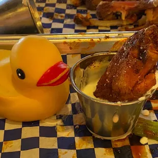 Duck enjoying the wings and beers!