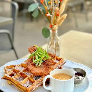 Fried Chicken and Waffles w/andouille sausage gravy- Perfect