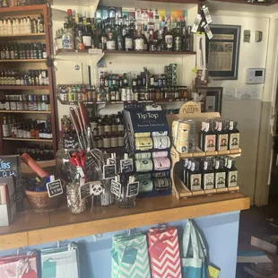 a counter with various bottles of liquor