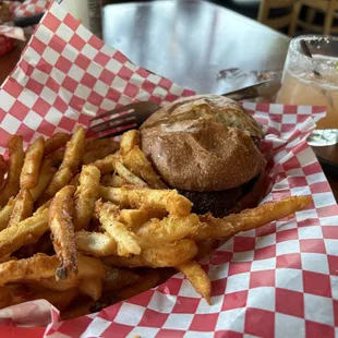 Burger, fries and sticky cocktail (but tasty)