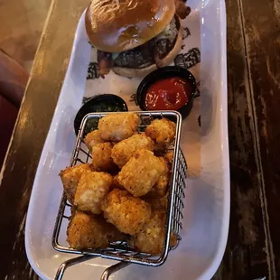 Firecracker burger w/Cajun tots