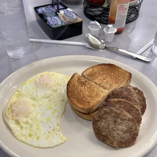 The perfect dinner! Eggs with Sausage and Rye Toast.