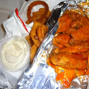 Buffalo Chicken Dinner with Onion RIngs