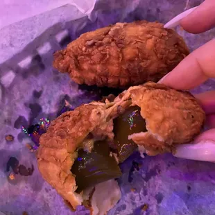 Chicken Cheese Stuffed Jalapeños! (2 for $5 or 4 for $10) (One I opened up) So good!! Came out quick!