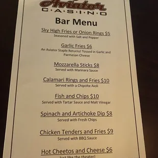 the menu for the restaurant