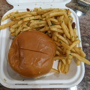 Burger with garlic fries