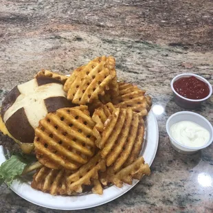 Burger with pretzel bun and waffle fries - Great!