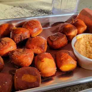 Pretzel nuggets and pimento beer cheese