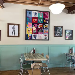  a table and chairs in a restaurant