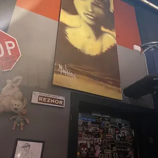 a woman's face and a stop sign