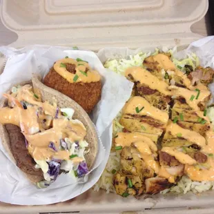 Sampler - chicken and saffron rice, beef taco and rice ball