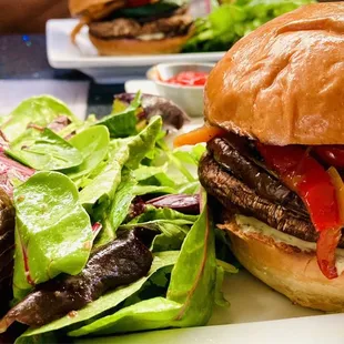 Portabella burger comes with a side salad