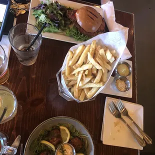 Crab cakes (nice), schnitzel (dry), and fries (the best)