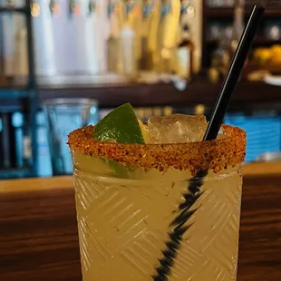 Spicy margarita. Cucumber and serrano peppers. Class!!!