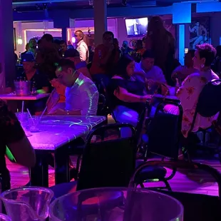 a group of people sitting at tables