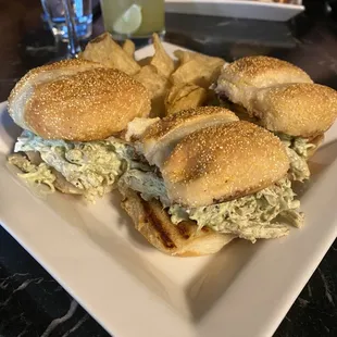 Pesto Chicken sliders with house made chips