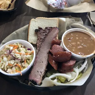 The Brisket Plate with beans and &quot;Porch&quot; slaw. The sausage was an extra surprise.