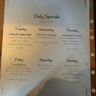 Daily specials menu
